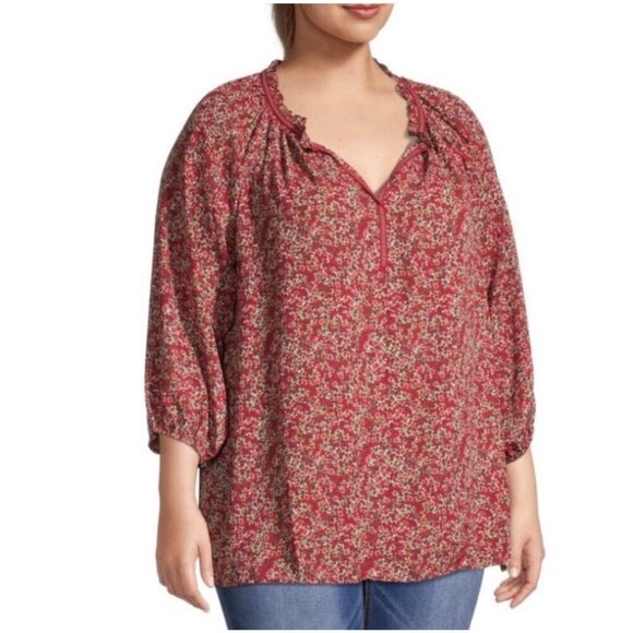 Max Studio Women's Plus Size 1X Crepe Peasant Boho Blouse Red Floral Print - Picture 1 of 12